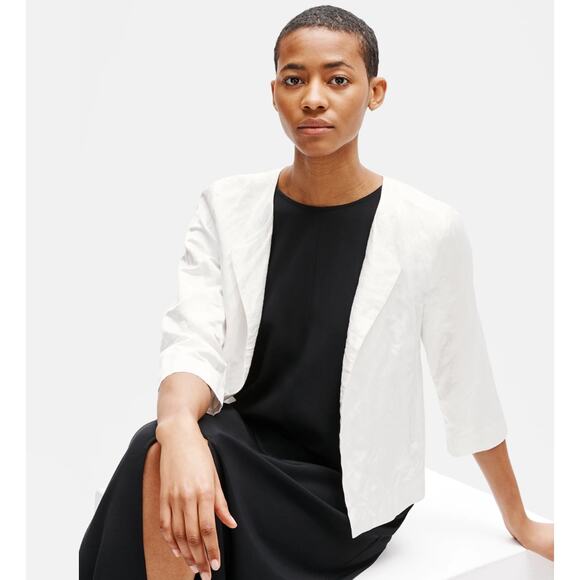 Eileen Fisher Cotton Satin Steel Short Jacket L White NWT Blazer Open Front - Picture 1 of 9